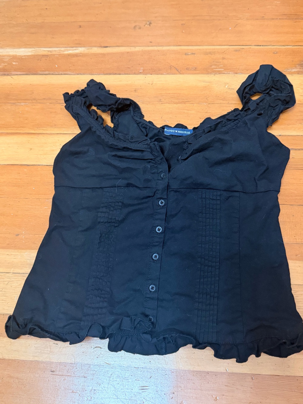 Brandy Melville Black Button-Front Ruffle Strap Top